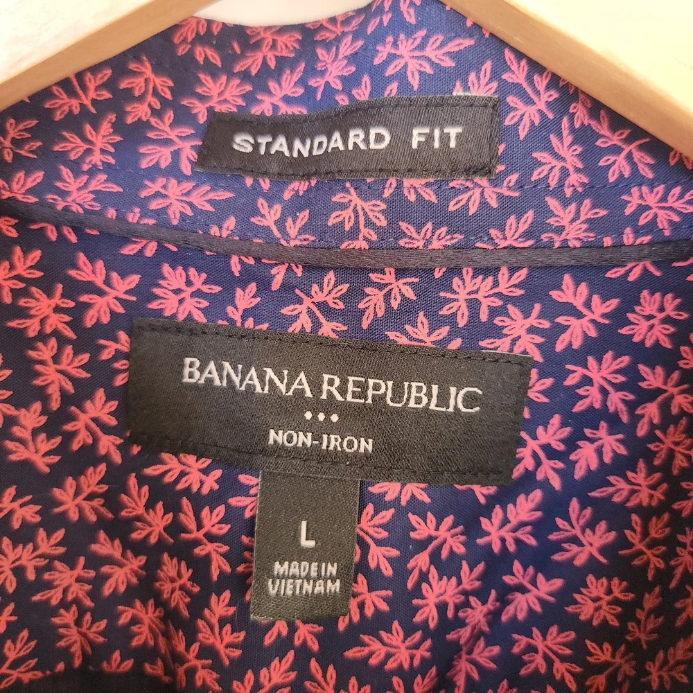 Banana Republic Navy Blue Pink Floral Non Iron Long Sleeve Dress Botton Up L Y2K